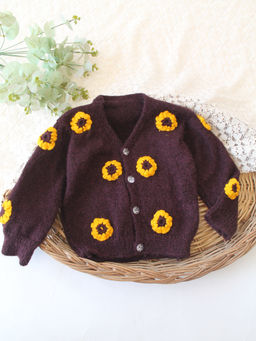 Woonie - Handknitted Floral Applique Sweater - Brown