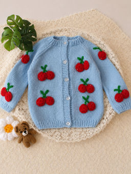 Woonie - Handknitted Cherry Applique Sweater - Blue
