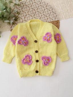 Woonie - Handknitted Floral Applique Sweater - Yellow