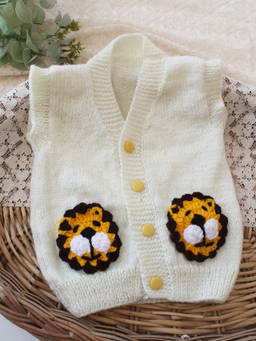 Woonie - Handknitted Lion Face Applique Sweater/Vest - Cream