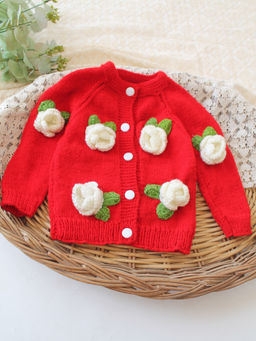 Woonie - Handknitted Floral Applique Sweater - Red