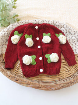 Woonie - Handknitted Floral Applique Sweater - Maroon