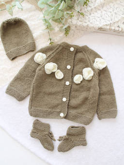 Woonie - Handknitted Floral Applique Sweater With Cap And Socks - Dark Grey