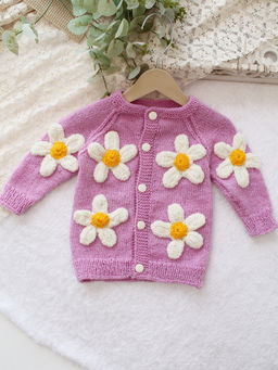 Woonie - Handknitted Floral Applique Sweater - Purple