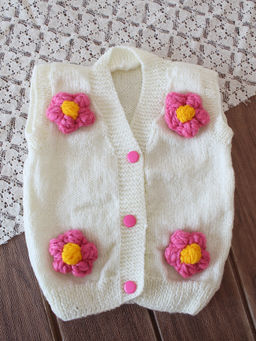 Woonie - Handknitted Floral Applique Sweater/Vest - White