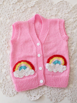 Woonie - Handknitted Rainbow Applique Sweater/Vest - Pink