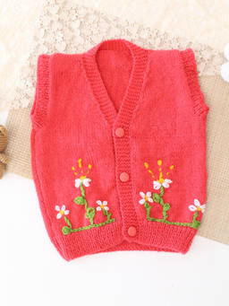 Woonie - Handknitted Floral Embroidered Sweater/Vest - Coral Red