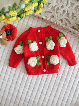 Woonie - Handknitted Floral Applique Sweater - Red