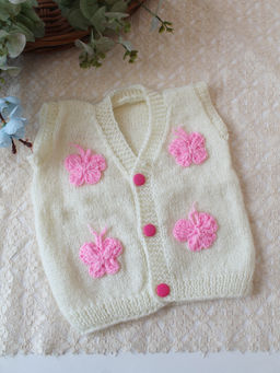 Woonie - Handknitted Floral Applique Sweater/Vest - Cream