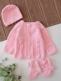 Woonie - Handknitted Cable Knit Sweater With Cap And Socks - Pink