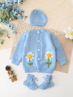 Woonie - Handknitted Floral Embroidered Sweater With Cap & Socks - Blue