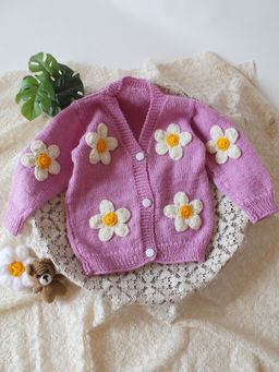 Woonie - Handknitted Floral Applique Sweater - Purple