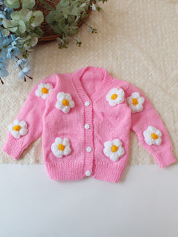 Woonie - Handknitted Floral Applique Sweater - Pink