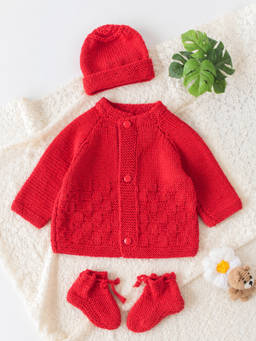 Woonie - Handknitted Self Design Sweater With Cap & Socks - Red