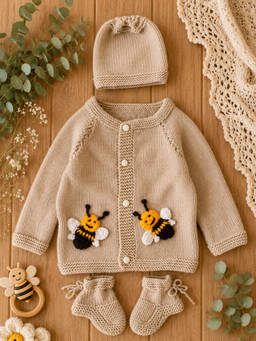 Woonie - Handknitted Bee Applique Sweater With Cap & Socks - Beige