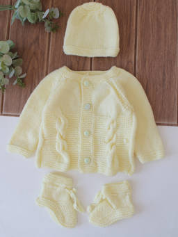 Woonie - Handknitted Cable Knit Sweater With Cap & Socks - Cream