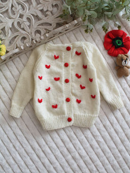 Woonie - Woodie Handknitted Heart Embroidered Sweater - Cream