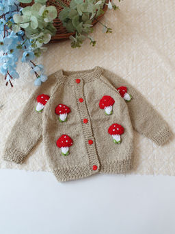 Woonie - Handknitted Mushroom Applique Sweater - Beige