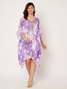 SWI STYLISH - Women Printed V-Neck Beach Wear Purple Kaftan