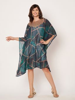 SWI STYLISH - Women Printed Boat Neck Flared Sleeves Beach Wear Green Kaftan