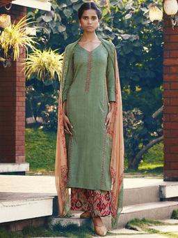 Stylee LIFESTYLE - Green Jam Satin Embroidered Dress Material (Set of 3)