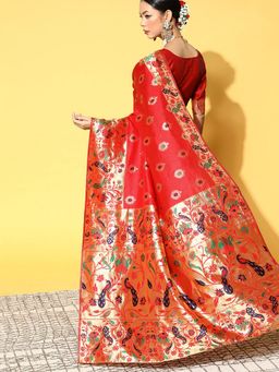 Odette - Silk Blend Red Woven Design Saree with Unstitched Blouse