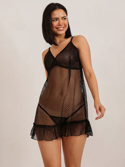 Clovia - Sheer babydoll With Matching Thong - Black