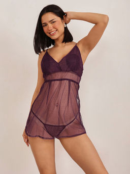 Clovia - Lace Sheer Babydoll With Matching Thong - Purple