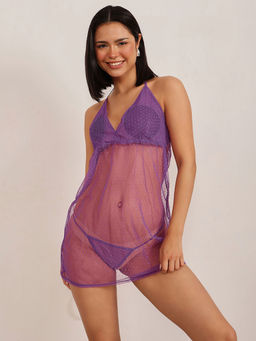 Clovia - Sheer Babydoll with G-string in Purple- Lace