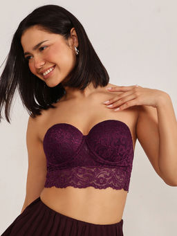 Clovia - Lace Lightly Padded Full Cup Underwired Balconette Bra - Purple