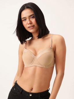 Clovia - Polyamide Solid Lightly Padded Demi Cup Underwired Push-Up Bra - Beige