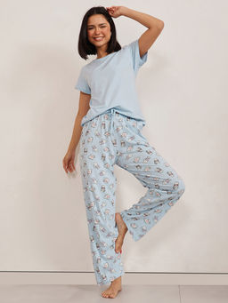 Clovia - Blue Cotton Solid Top and Pyjama (Set of 2)