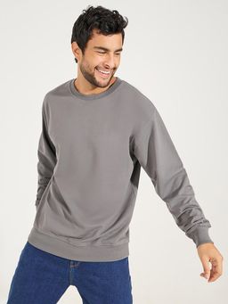 Styli - Men Grey Solid Relaxed Fit Cotton Terry Sweatshirt