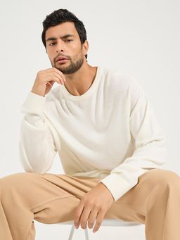 Styli - Men Cream Relaxed Fit Crew Neck Sweater