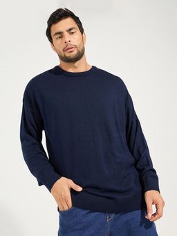 Styli - Men Navy Blue Relaxed Fit Crew Neck Sweater