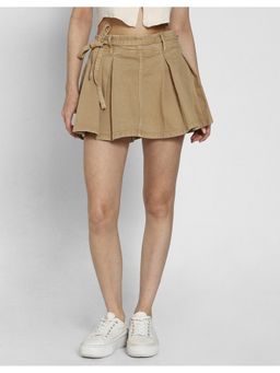 American Eagle - Women Khaki Stretch Mid-Rise Pleated Mini Skirt with Belt