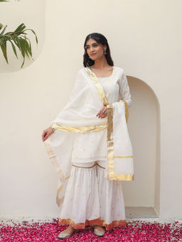 Bud & Tulip - White Aarya Sharara with Kurti with Dupatta (Set of 3)