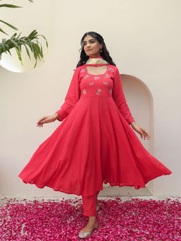 Bud & Tulip - Pink Sachi Anarkali with Pant and Dupatta (Set of 3)