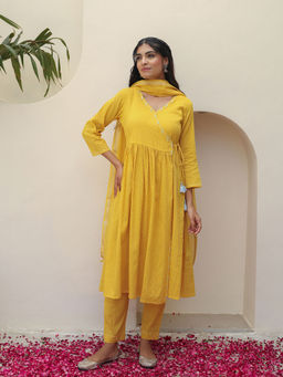 Bud & Tulip - Mustard Gathered Wrap Angrakha with Pant and Dupatta (Set of 3)