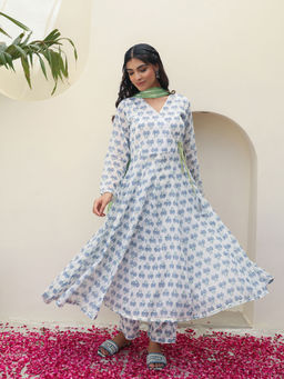 Bud & Tulip - White Sundari Angrakha with Pant and Dupatta (Set of 3)