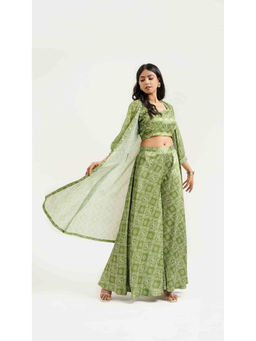 Ritivesh - Green Mehandi Georgette Bandhej Cape with Blouse and Palazzo (Set of 3)
