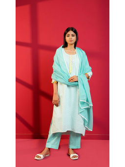 Ritivesh - Sea Green Cotton Straight Chikankari Kurta with Pant and Dupatta (Set of 3)