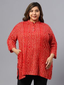 Indietoga - Women Plus Size Red Bandhani Print Rayon Longline Tunic