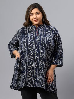 Indietoga - Women Plus Size Blue Bandhani Print Rayon Longline Tunic