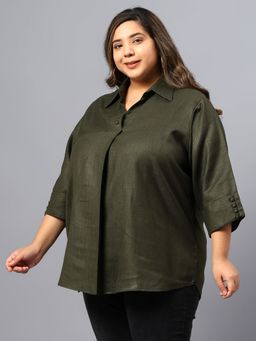 Indietoga - Women Plus Size Green Silk Wool Blend Centre Pleat Tunic