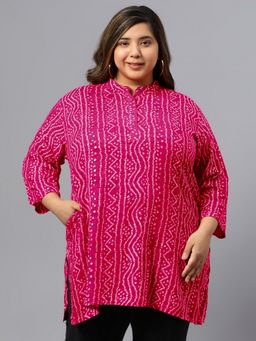Indietoga - Women Plus Size Pink Bandhani Print Rayon Longline Tunic