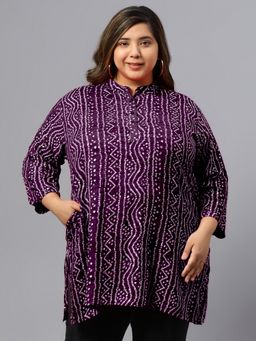 Indietoga - Women Plus Size Purple Bandhani Print Rayon Longline Tunic