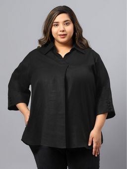 Indietoga - Women Plus Size Black Silk Wool Blend Centre Pleat Tunic