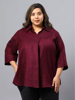 Indietoga - Women Plus Size Maroon Silk Wool Blend Centre Pleat Tunic