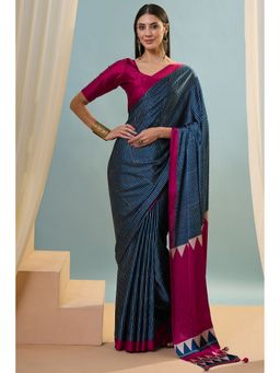Mysilklove - Teal Satin Tassels Saree with Unstitched Blouse